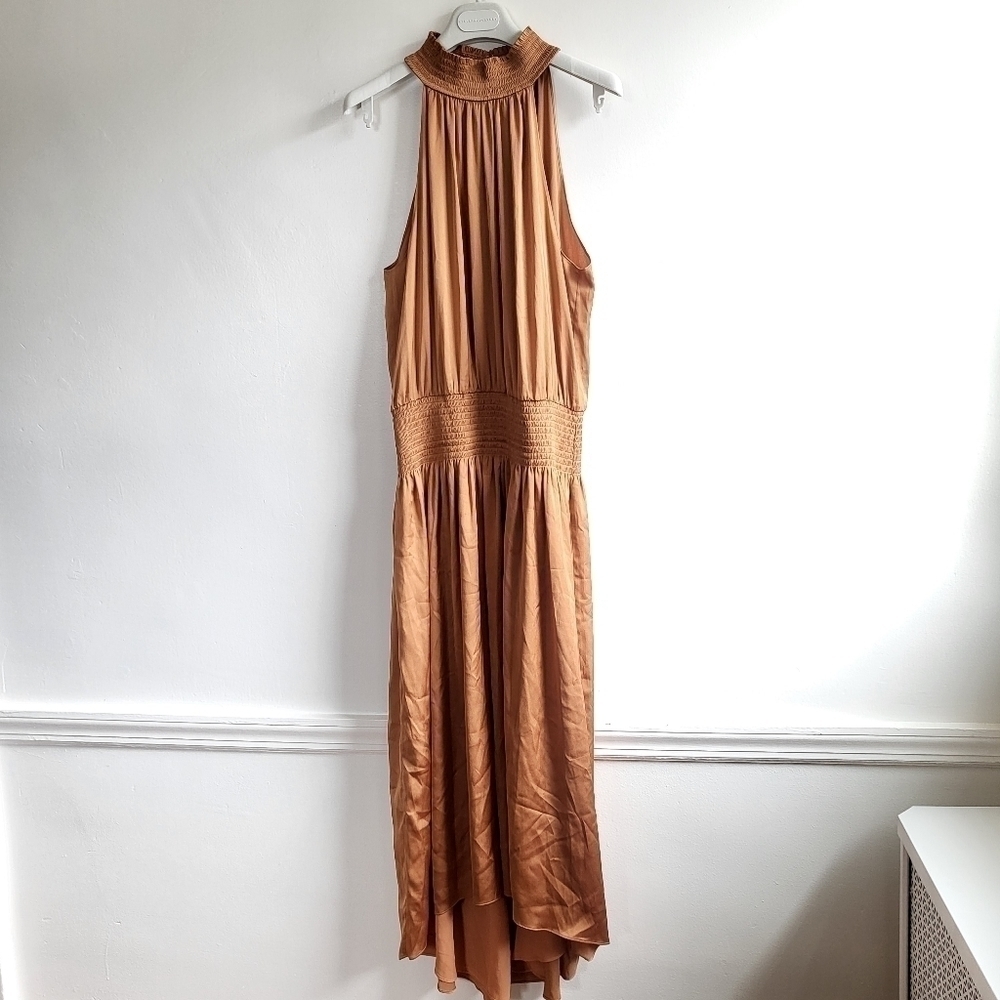New Ramy Brook Belle Halter Neck Sleeveless Smocked Light Cognac Midi Dress Sz M - Picture 5 of 12